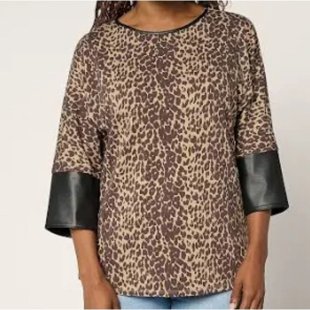Belle by Kim Gravel TripleLuxe Knit Top w/ Faux Leather Cuffs Leopard size Large